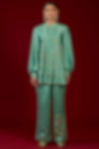 Mint Linen Satin Floral Embroidered Co-Ord Set by I AM DESIGN at Pernia's Pop Up Shop