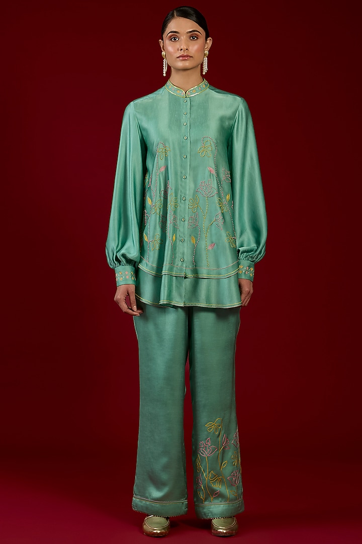 Mint Linen Satin Floral Embroidered Co-Ord Set by I AM DESIGN at Pernia's Pop Up Shop