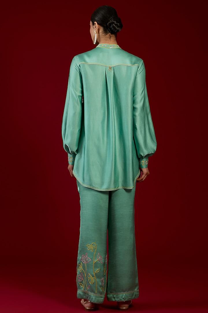 Mint Linen Satin Floral Embroidered Co-Ord Set by I AM DESIGN at Pernia's Pop Up Shop