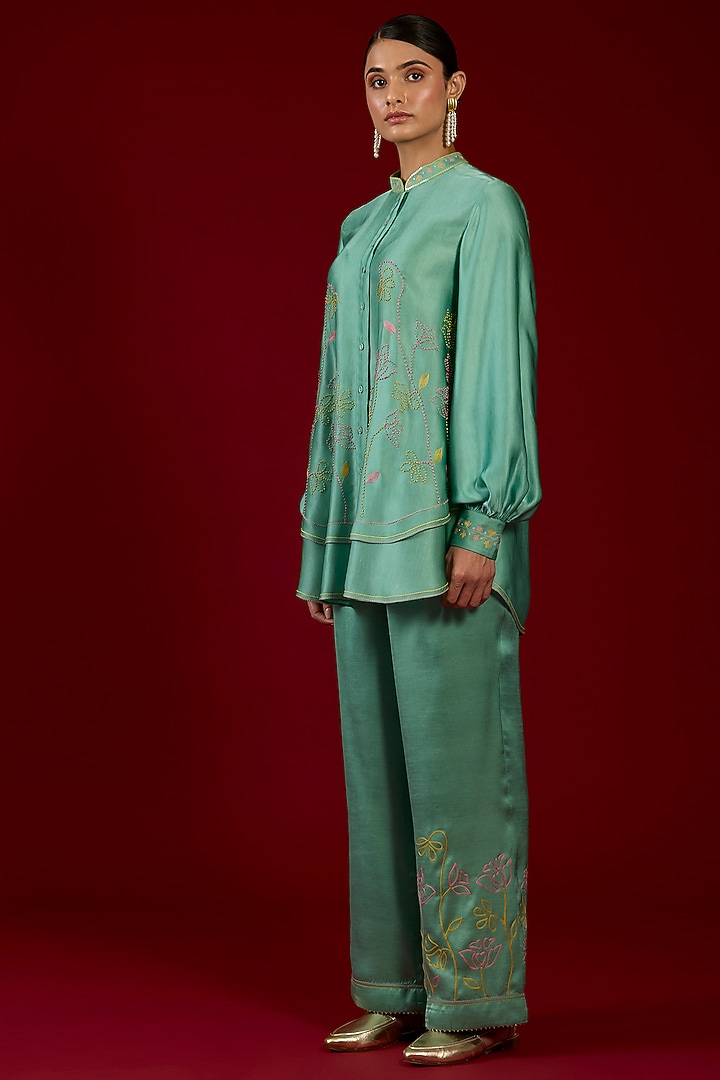 Mint Linen Satin Floral Embroidered Co-Ord Set by I AM DESIGN at Pernia's Pop Up Shop