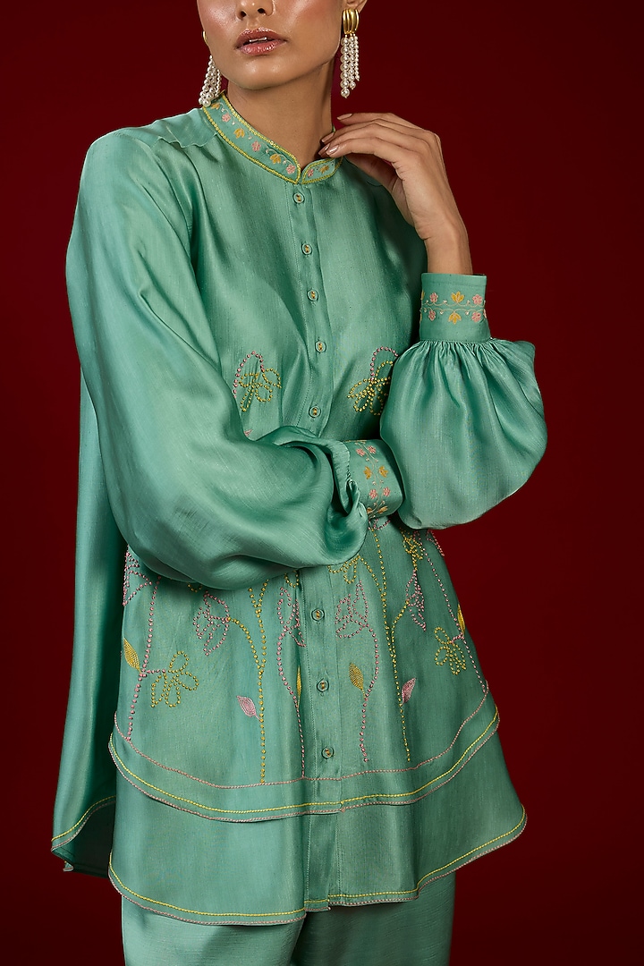 Mint Linen Satin Floral Embroidered Co-Ord Set by I AM DESIGN at Pernia's Pop Up Shop