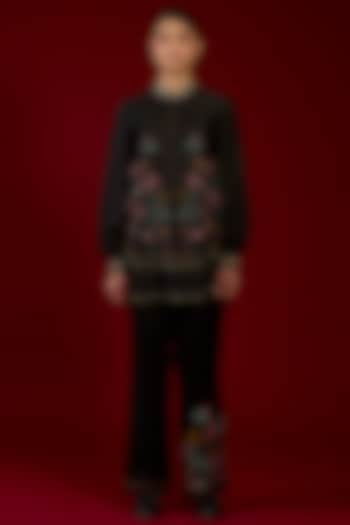 Black Linen Satin Floral Embroidered Co-Ord Set by I AM DESIGN at Pernia's Pop Up Shop