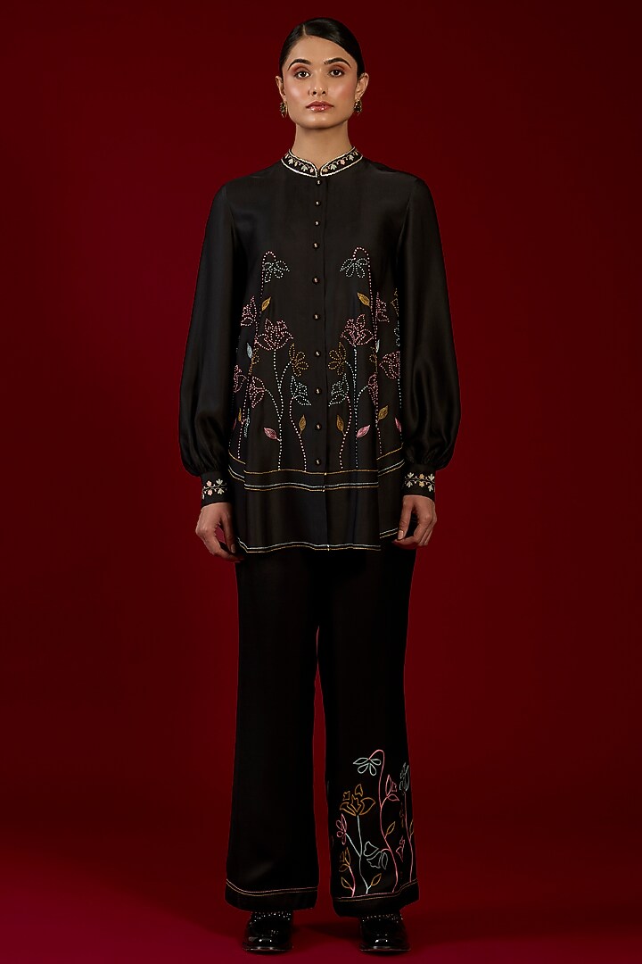 Black Linen Satin Floral Embroidered Co-Ord Set by I AM DESIGN at Pernia's Pop Up Shop