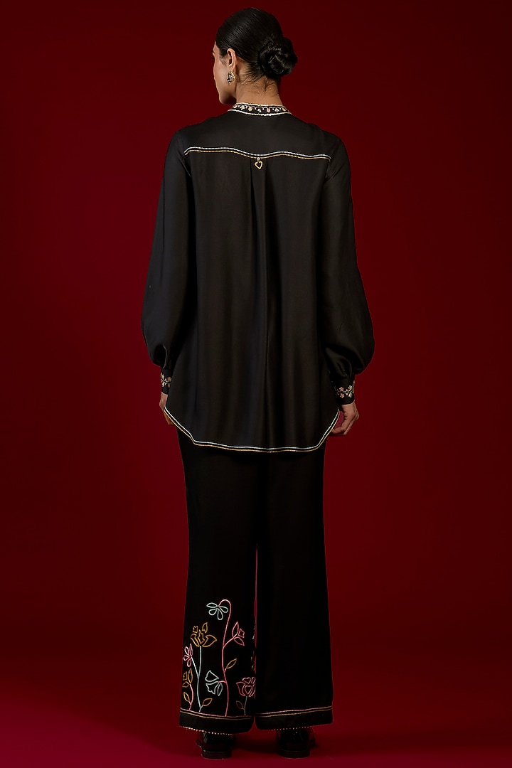 Black Linen Satin Floral Embroidered Co-Ord Set by I AM DESIGN at Pernia's Pop Up Shop