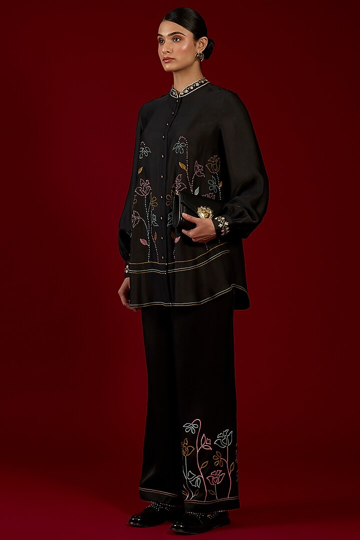 Black Linen Satin Floral Embroidered Co-Ord Set by I AM DESIGN at Pernia's Pop Up Shop