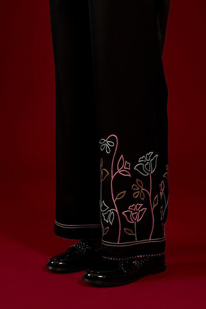 Black Linen Satin Floral Embroidered Co-Ord Set by I AM DESIGN at Pernia's Pop Up Shop