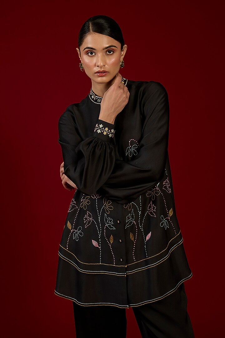 Black Linen Satin Floral Embroidered Co-Ord Set by I AM DESIGN at Pernia's Pop Up Shop