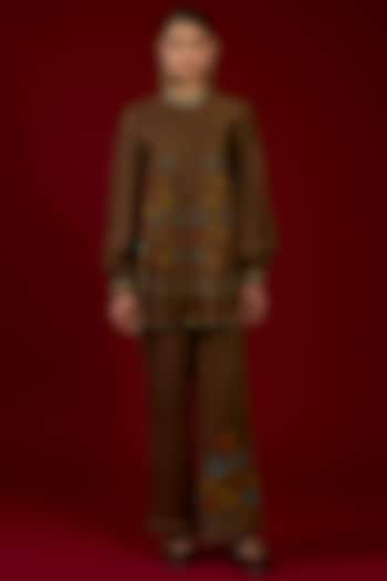 Brown Linen Satin Floral Embroidered Co-Ord Set by I AM DESIGN at Pernia's Pop Up Shop