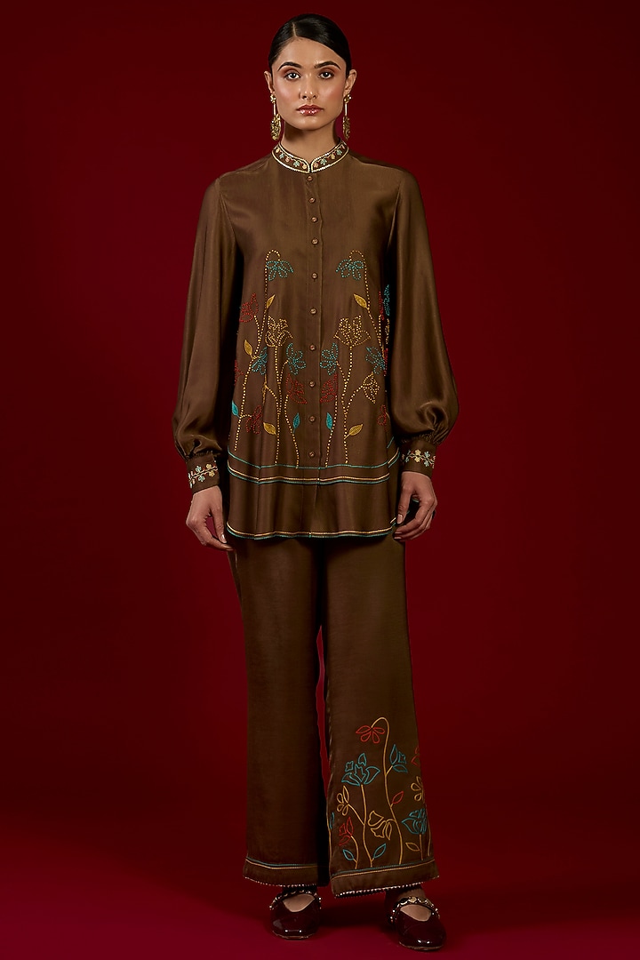 Brown Linen Satin Floral Embroidered Co-Ord Set by I AM DESIGN at Pernia's Pop Up Shop