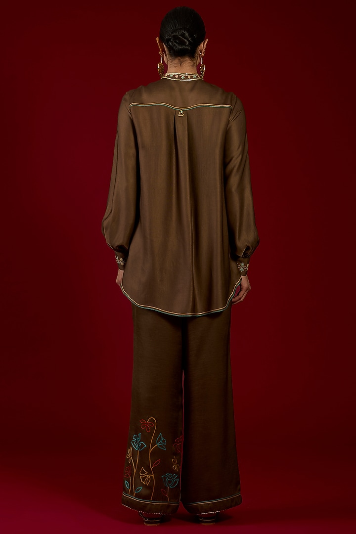 Brown Linen Satin Floral Embroidered Co-Ord Set by I AM DESIGN at Pernia's Pop Up Shop