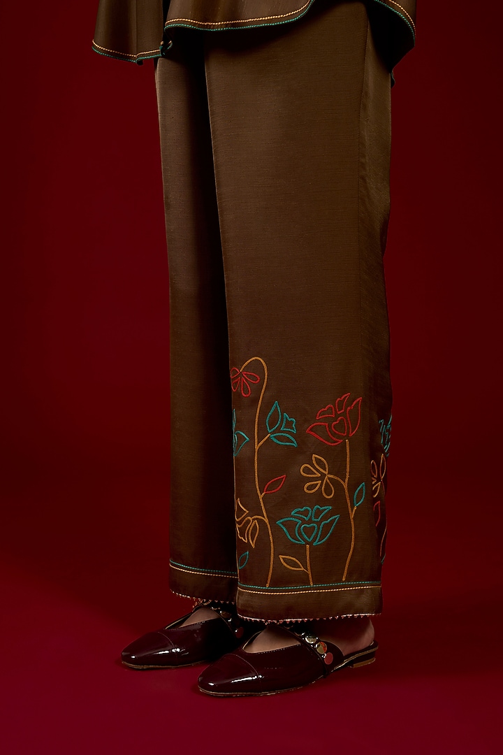 Brown Linen Satin Floral Embroidered Co-Ord Set by I AM DESIGN at Pernia's Pop Up Shop