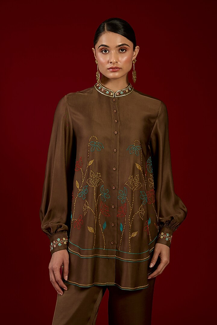 Brown Linen Satin Floral Embroidered Co-Ord Set by I AM DESIGN at Pernia's Pop Up Shop