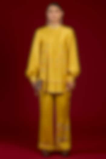 Mustard Linen Satin Floral Embroidered Co-Ord Set by I AM DESIGN at Pernia's Pop Up Shop