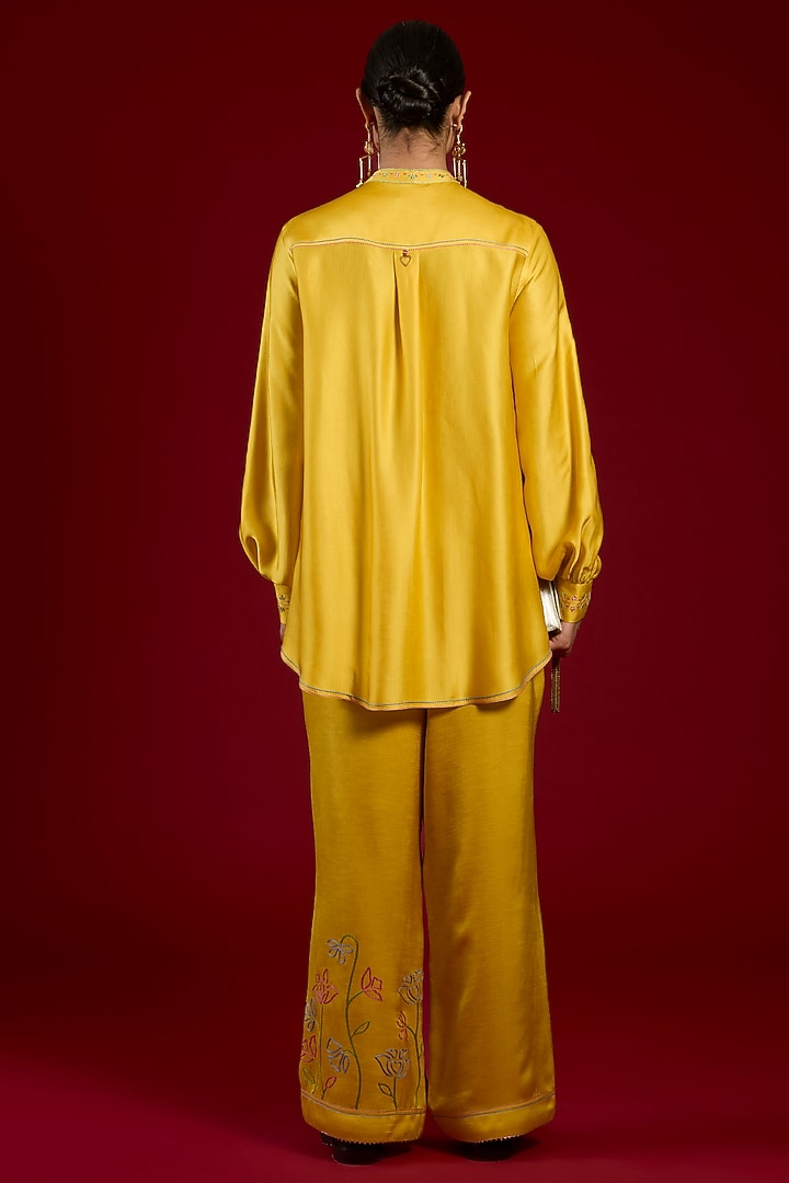 Mustard Linen Satin Floral Embroidered Co-Ord Set by I AM DESIGN at Pernia's Pop Up Shop