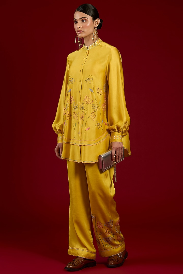 Mustard Linen Satin Floral Embroidered Co-Ord Set by I AM DESIGN at Pernia's Pop Up Shop