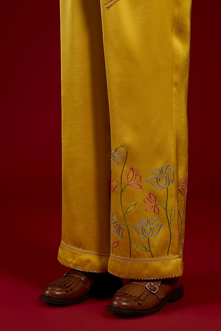 Mustard Linen Satin Floral Embroidered Co-Ord Set by I AM DESIGN at Pernia's Pop Up Shop