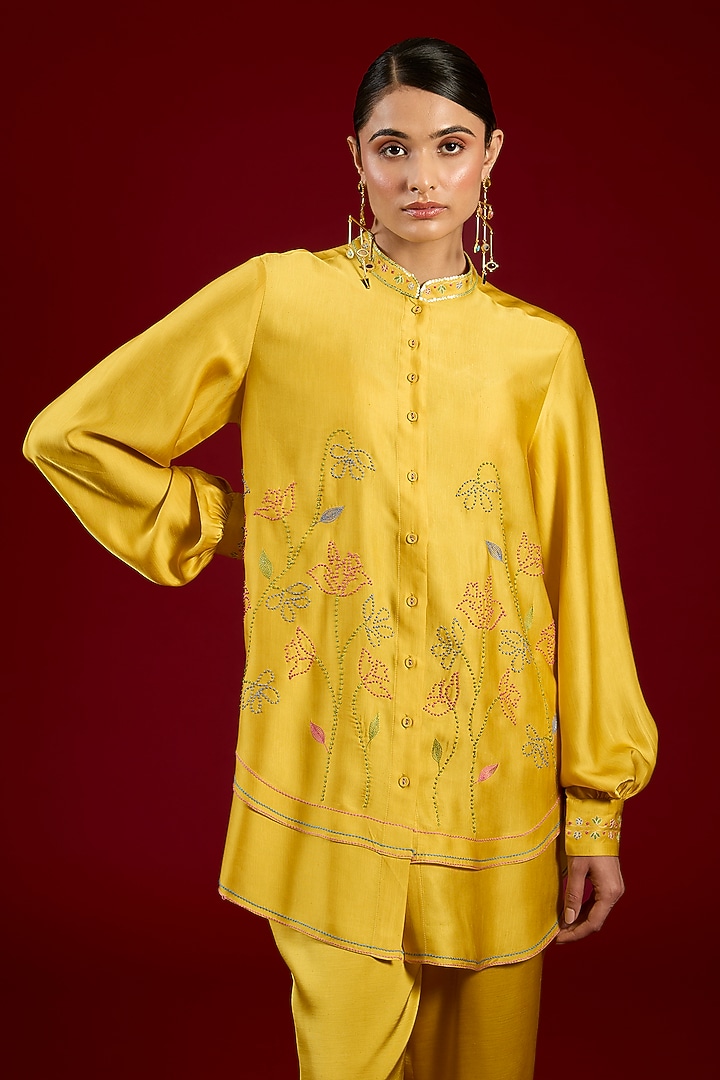 Mustard Linen Satin Floral Embroidered Co-Ord Set by I AM DESIGN at Pernia's Pop Up Shop