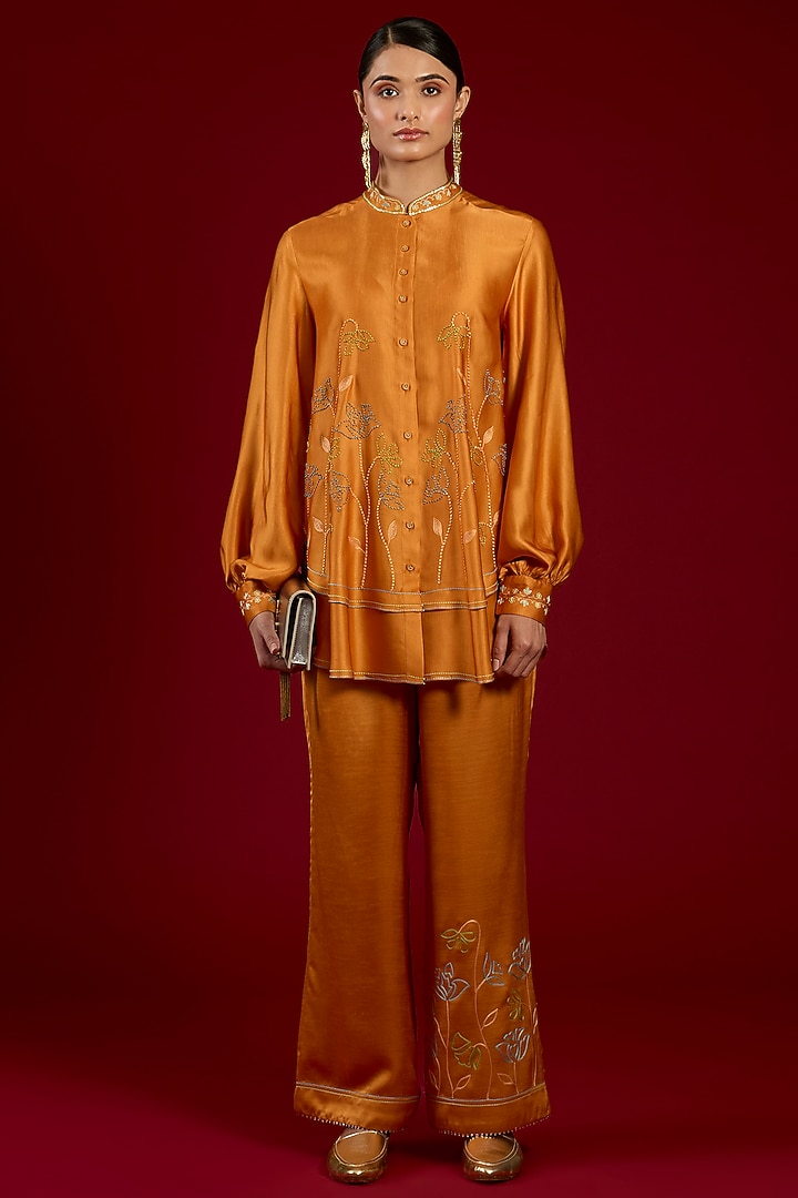 Orange Linen Satin Floral Embroidered Co-Ord Set by I AM DESIGN at Pernia's Pop Up Shop