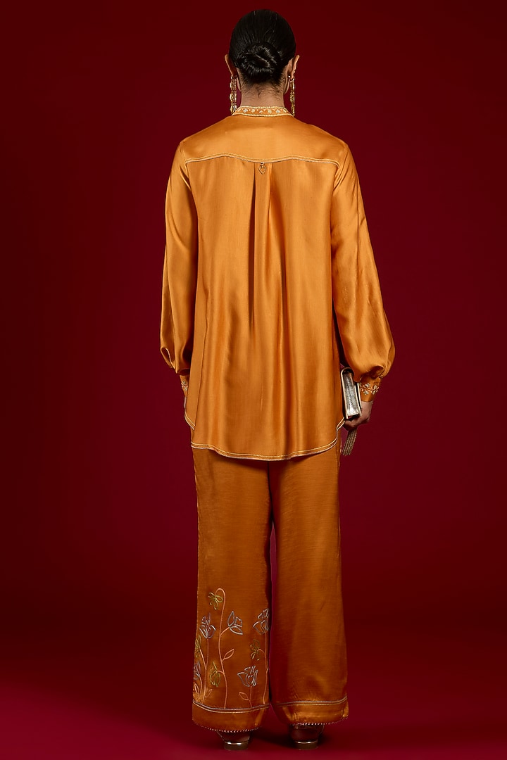 Orange Linen Satin Floral Embroidered Co-Ord Set by I AM DESIGN at Pernia's Pop Up Shop