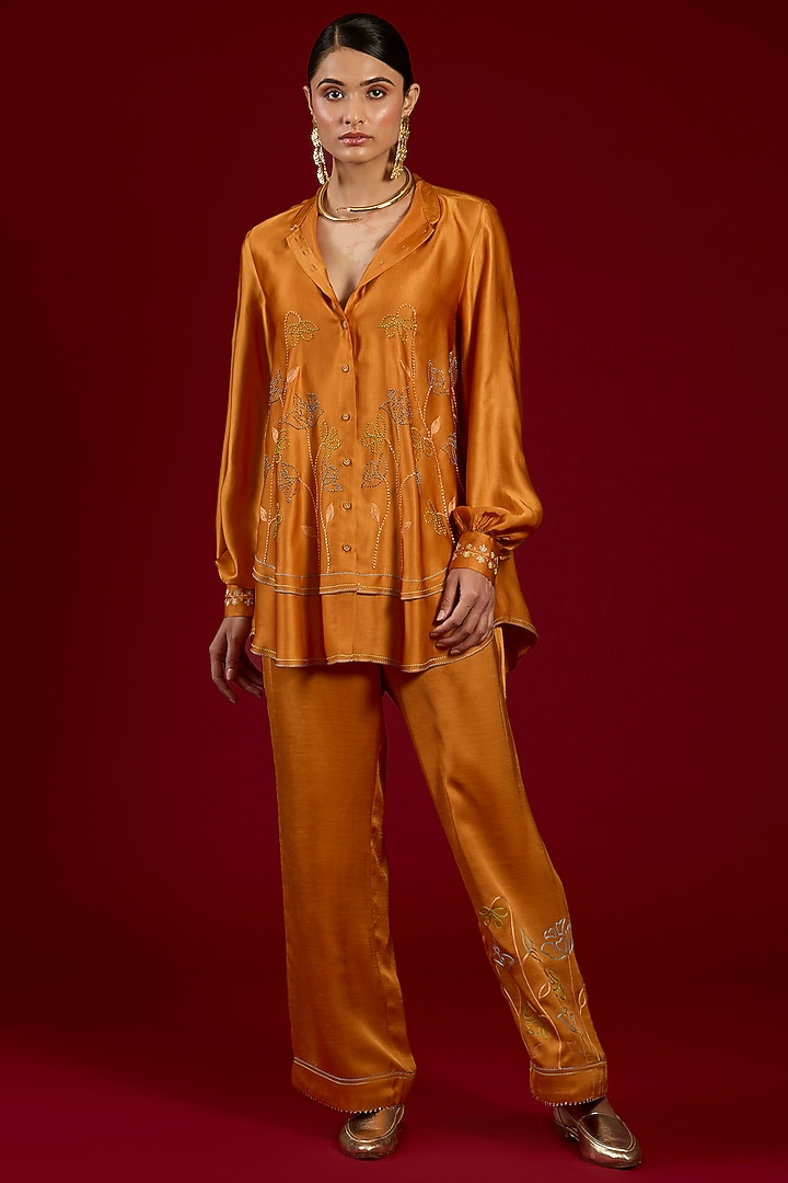 Orange Linen Satin Floral Embroidered Co-Ord Set by I AM DESIGN at Pernia's Pop Up Shop