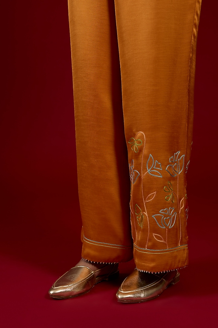 Orange Linen Satin Floral Embroidered Co-Ord Set by I AM DESIGN at Pernia's Pop Up Shop