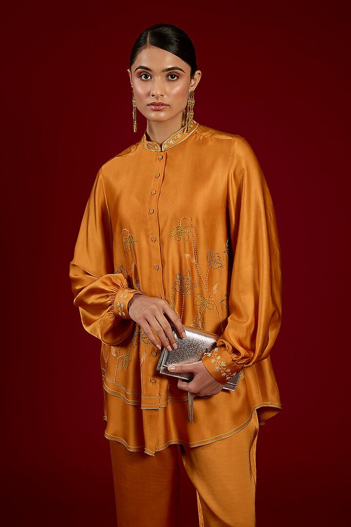 Orange Linen Satin Floral Embroidered Co-Ord Set by I AM DESIGN at Pernia's Pop Up Shop