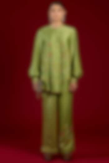 Green Linen Satin Floral Embroidered Co-Ord Set by I AM DESIGN at Pernia's Pop Up Shop