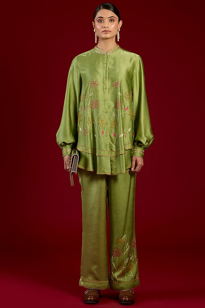 Green Linen Satin Floral Embroidered Co-Ord Set by I AM DESIGN at Pernia's Pop Up Shop