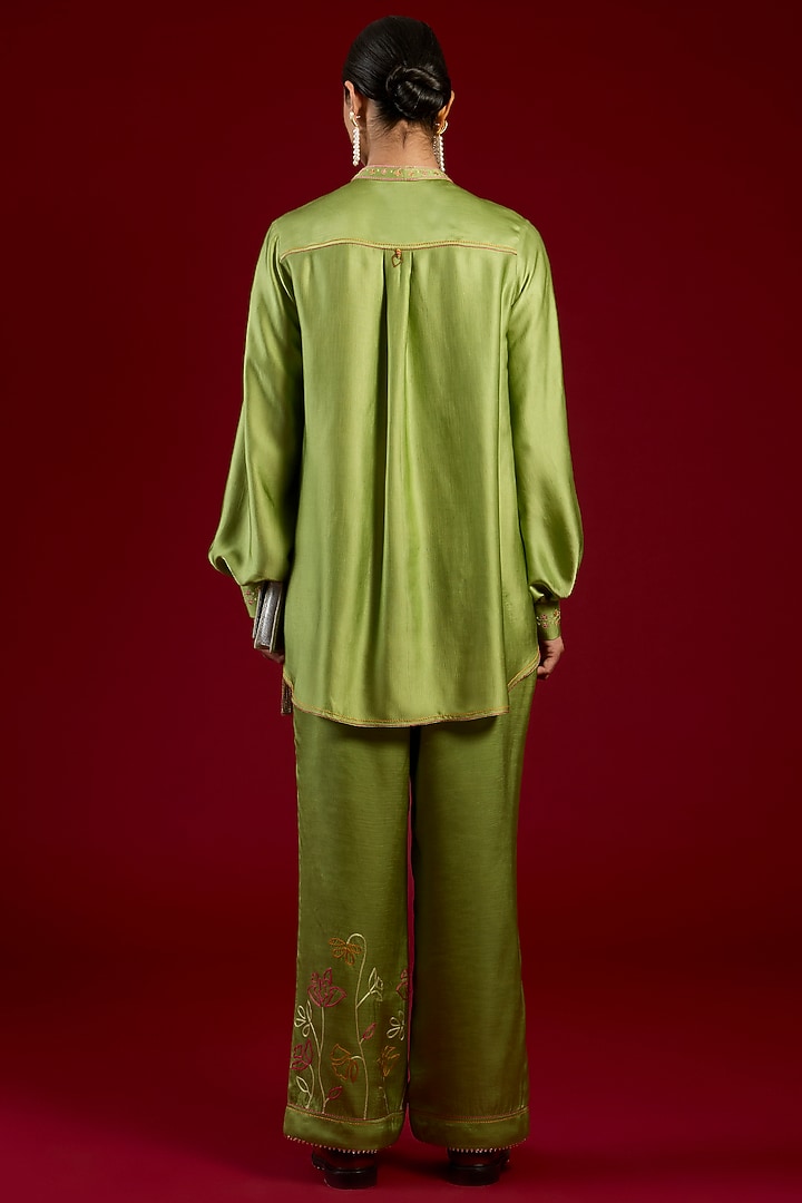 Green Linen Satin Floral Embroidered Co-Ord Set by I AM DESIGN at Pernia's Pop Up Shop