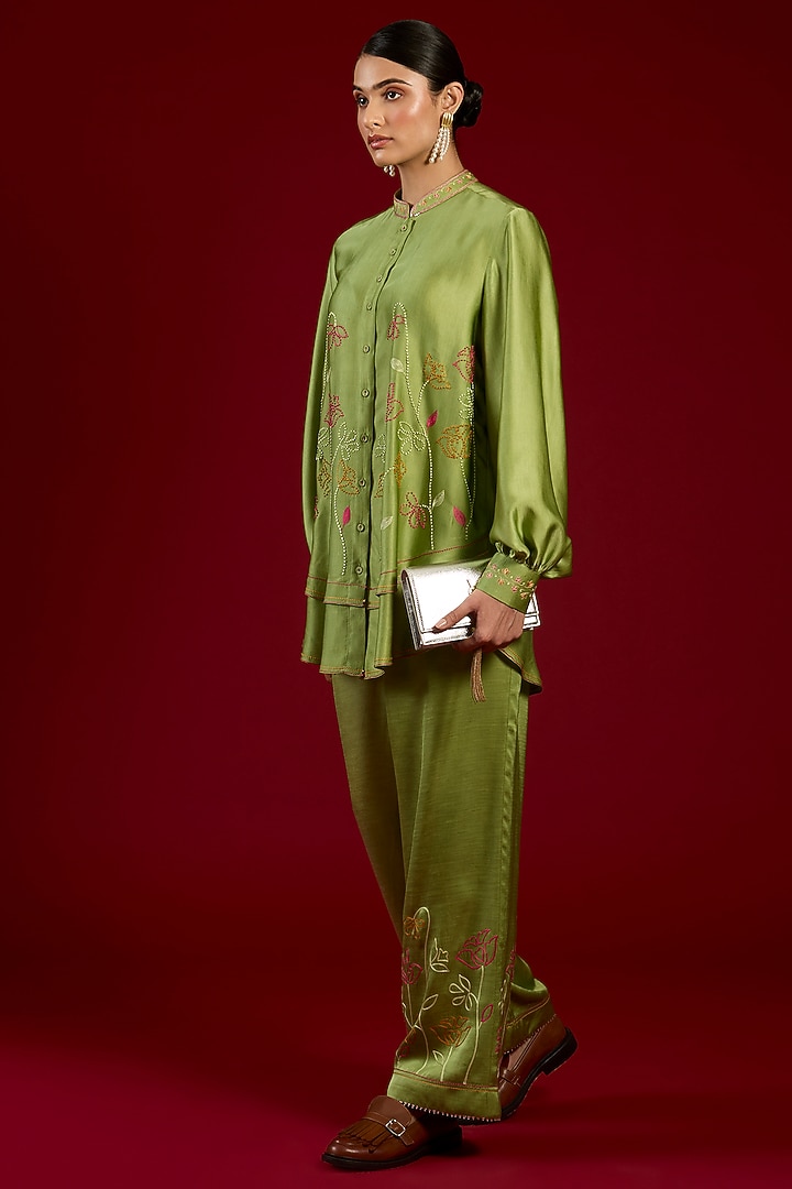 Green Linen Satin Floral Embroidered Co-Ord Set by I AM DESIGN at Pernia's Pop Up Shop