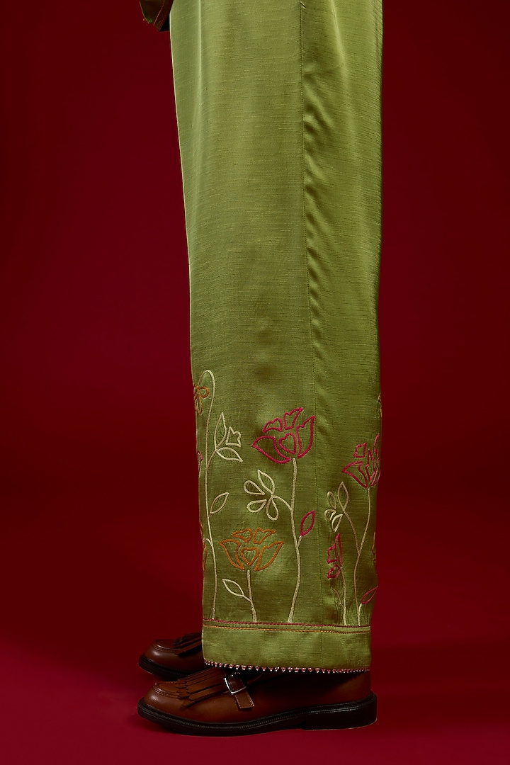 Green Linen Satin Floral Embroidered Co-Ord Set by I AM DESIGN at Pernia's Pop Up Shop