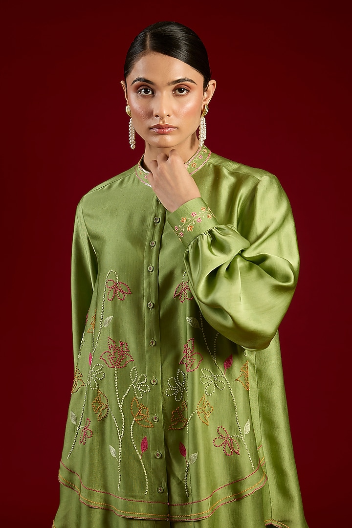 Green Linen Satin Floral Embroidered Co-Ord Set by I AM DESIGN at Pernia's Pop Up Shop