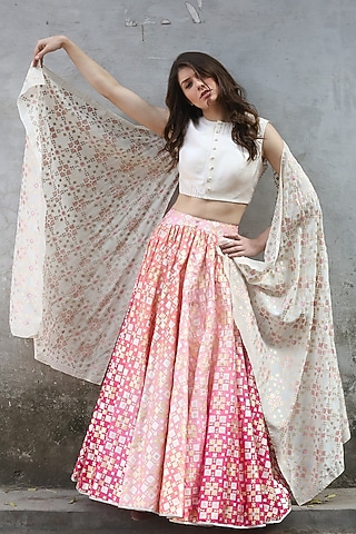 Pink Peach & Ivory Printed Draped Lehenga Set by I AM DESIGN