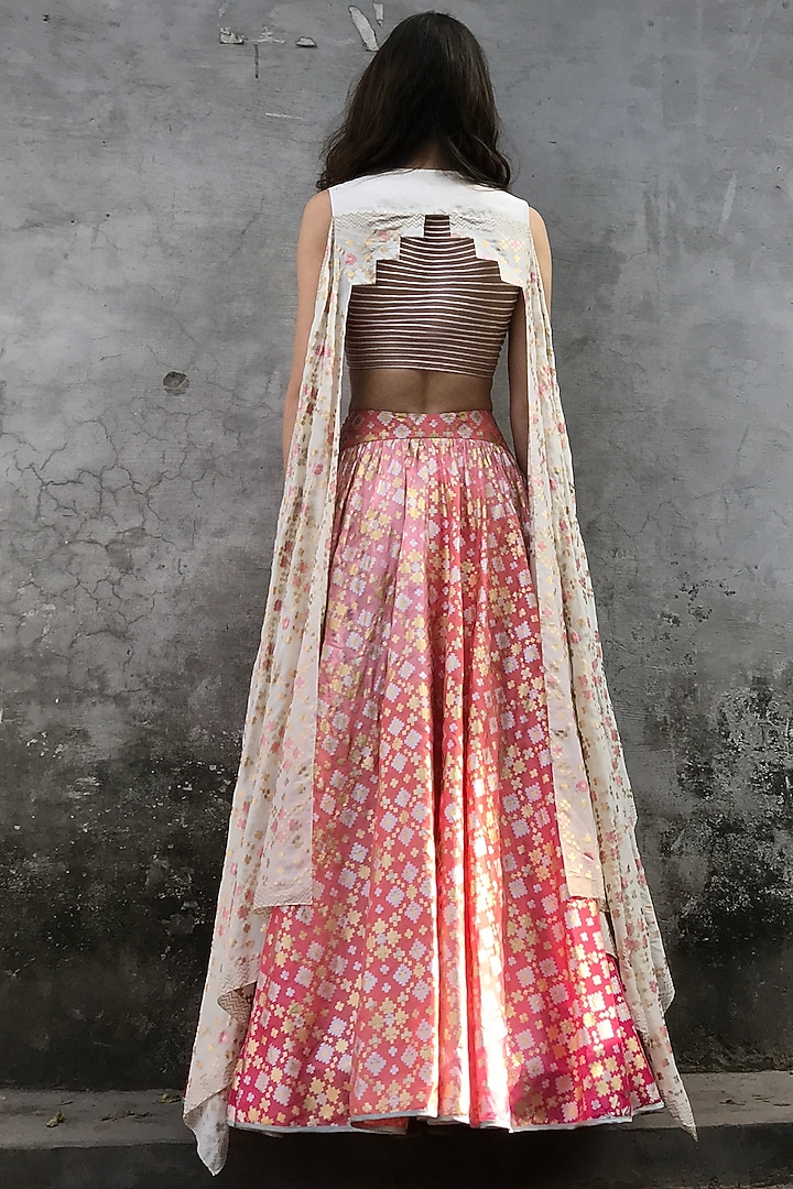 Pink Peach & Ivory Printed Draped Wedding Lehenga Set by I AM DESIGN at Pernia's Pop Up Shop