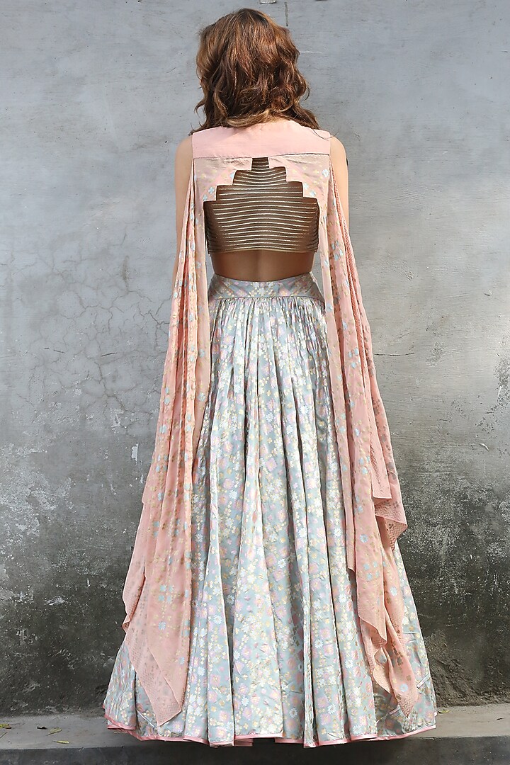 Mint Blue & Peach Printed Draped Wedding Lehenga Set by I AM DESIGN at Pernia's Pop Up Shop