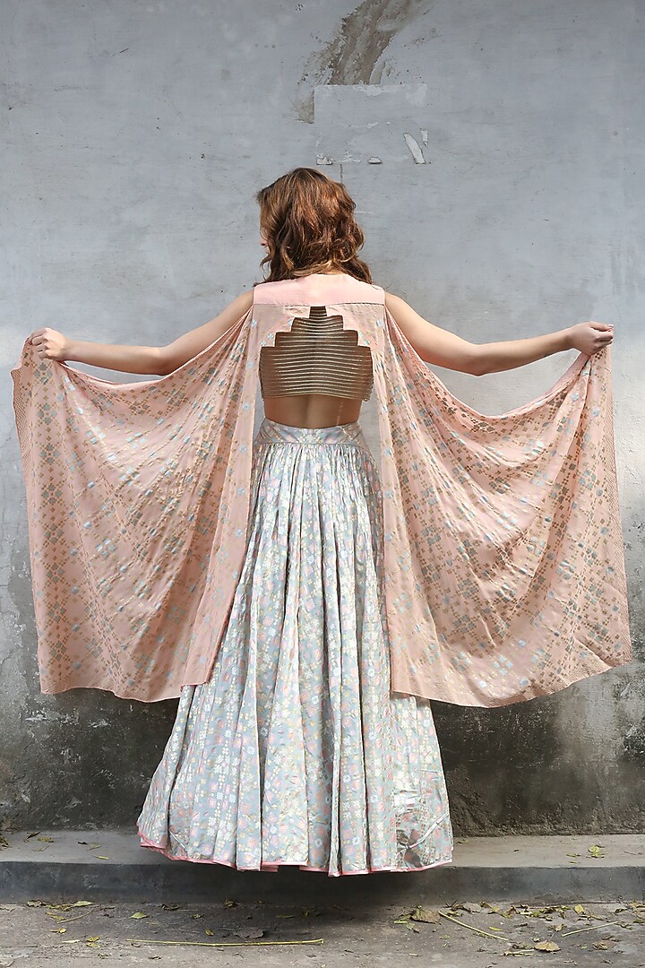 Mint Blue & Peach Printed Draped Wedding Lehenga Set by I AM DESIGN at Pernia's Pop Up Shop