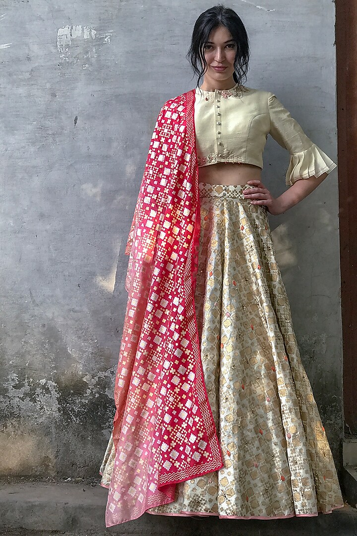 Ivory Printed & Embroidered Lehenga Set by I AM DESIGN