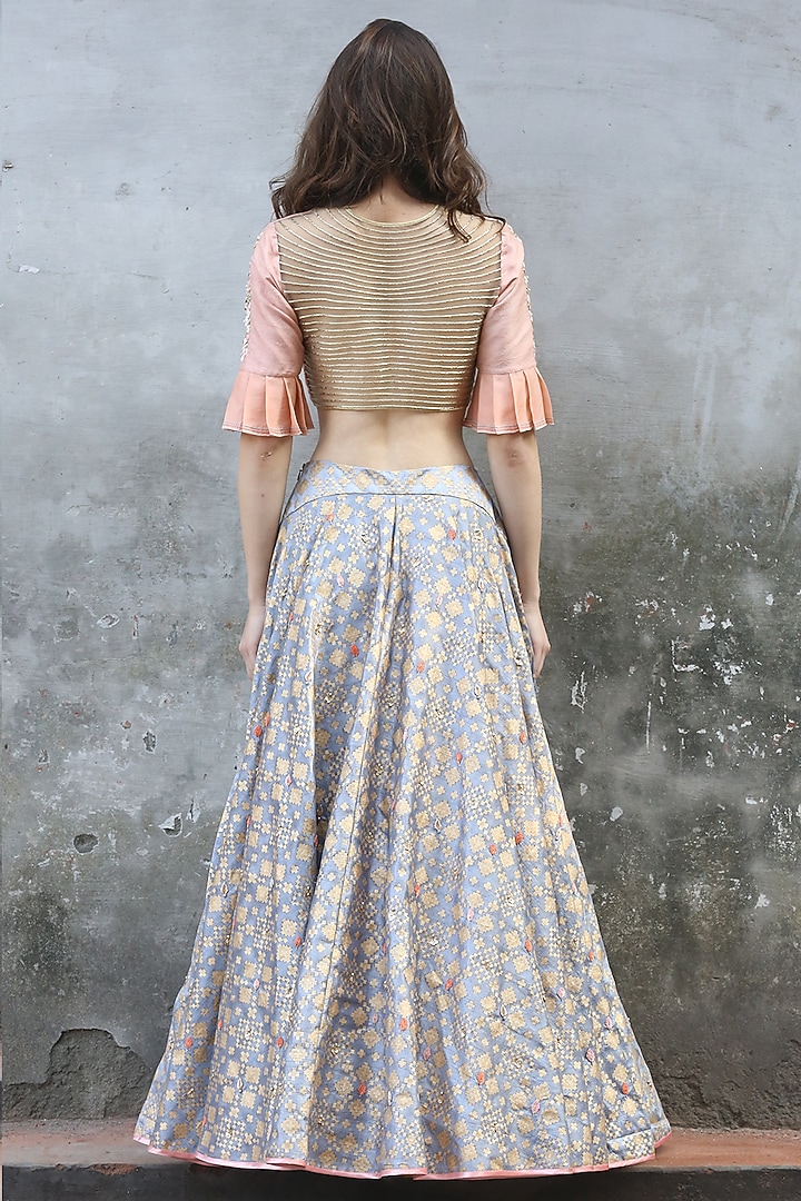 Grey & Peach Printed Embroidered Wedding Lehenga Set by I AM DESIGN at Pernia's Pop Up Shop