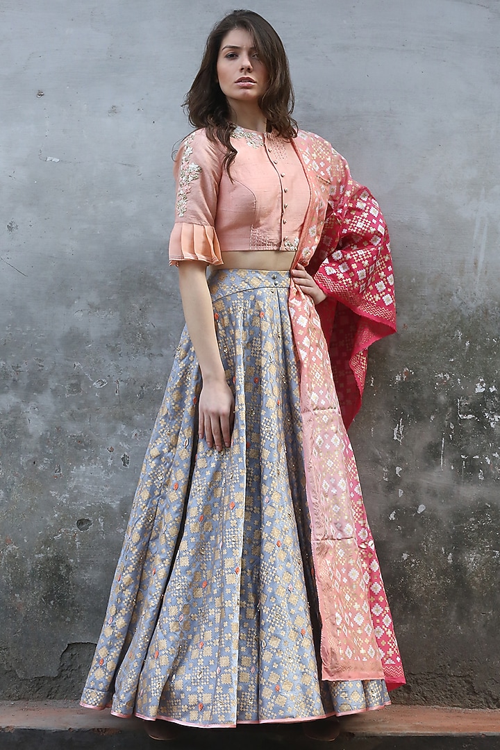 Grey & Peach Printed Embroidered Wedding Lehenga Set by I AM DESIGN at Pernia's Pop Up Shop
