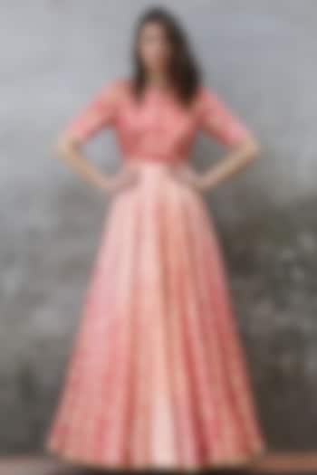 Peach Pink Ombre Printed & Embroidered Gown by I AM DESIGN