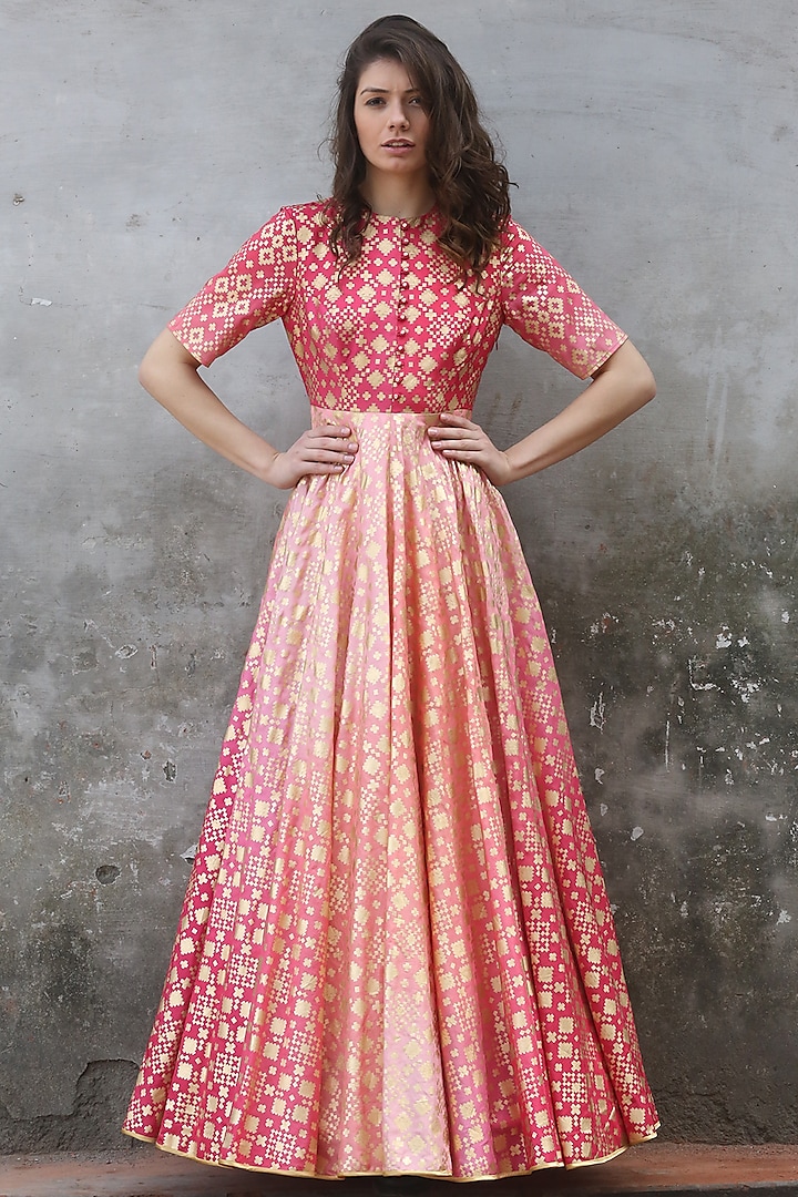 Peach Pink Ombre Printed & Embroidered Gown by I AM DESIGN