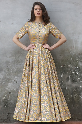 Grey Printed & Embroidered Gown by I AM DESIGN