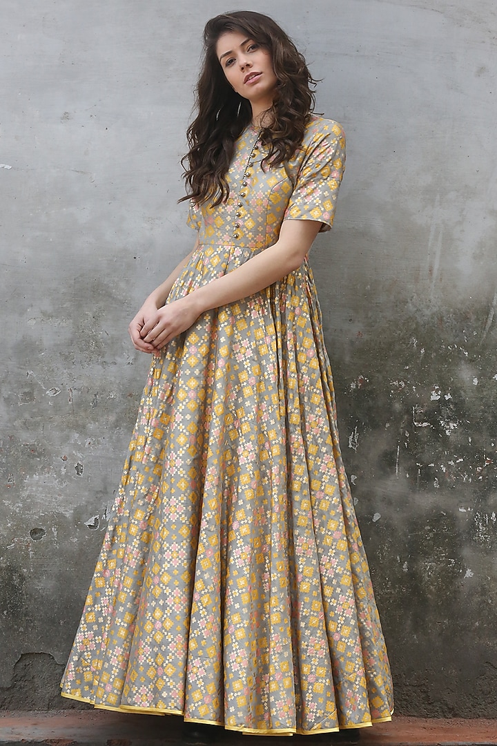 Grey Printed & Embroidered Gown by I AM DESIGN at Pernia's Pop Up Shop