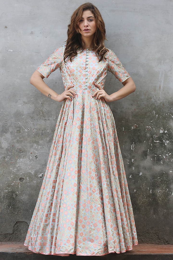 Mint Blue Printed & Embroidered Gown by I AM DESIGN at Pernia's Pop Up Shop