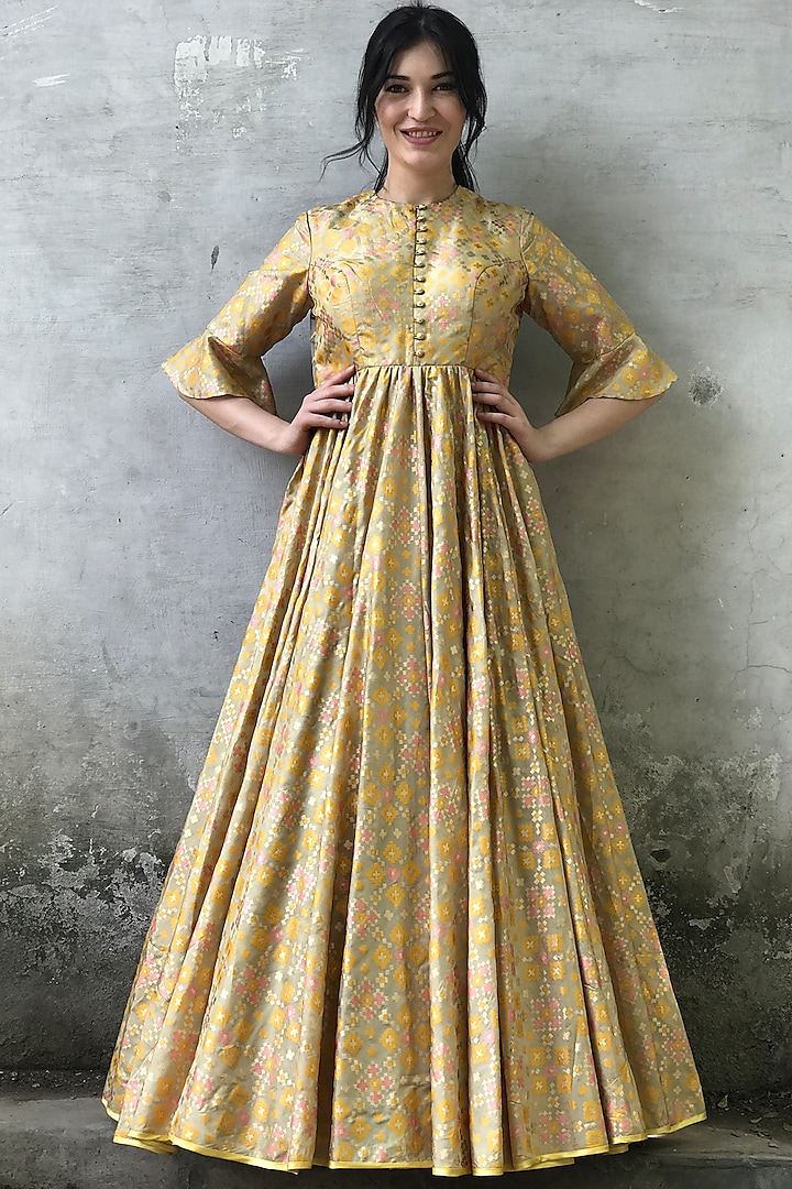 Beige Gold Printed & Floral Embroidered Gown by I AM DESIGN