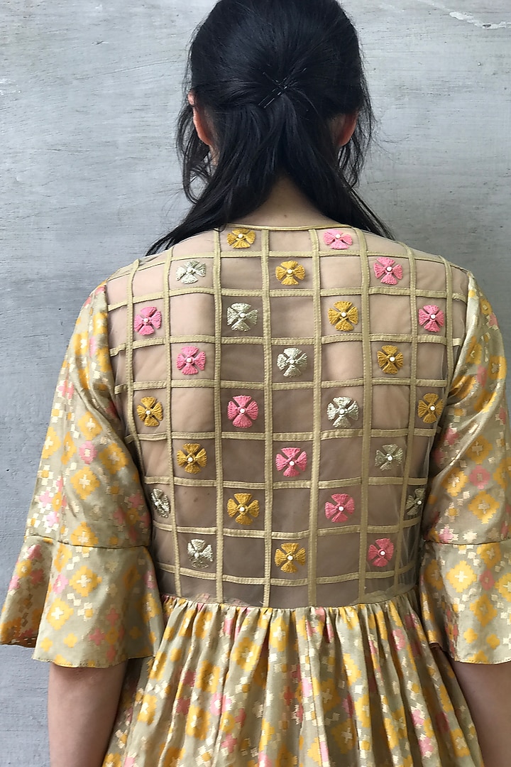Beige Gold Printed & Floral Embroidered Gown by I AM DESIGN at Pernia's Pop Up Shop