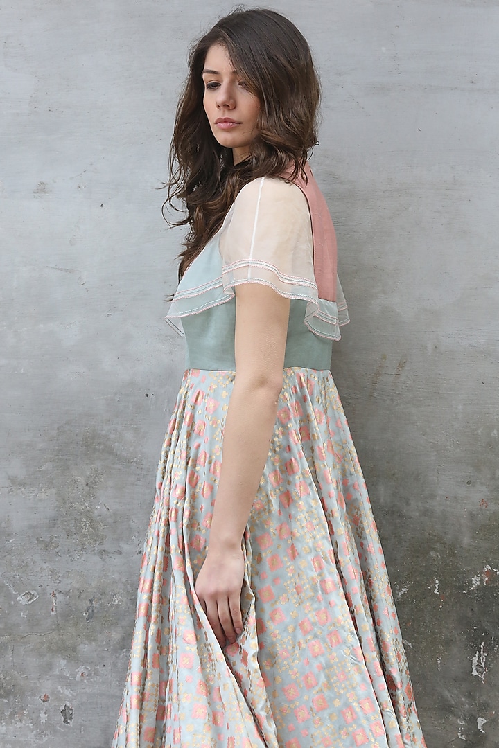Mint Blue Printed & Embroidered Cape Gown by I AM DESIGN at Pernia's Pop Up Shop
