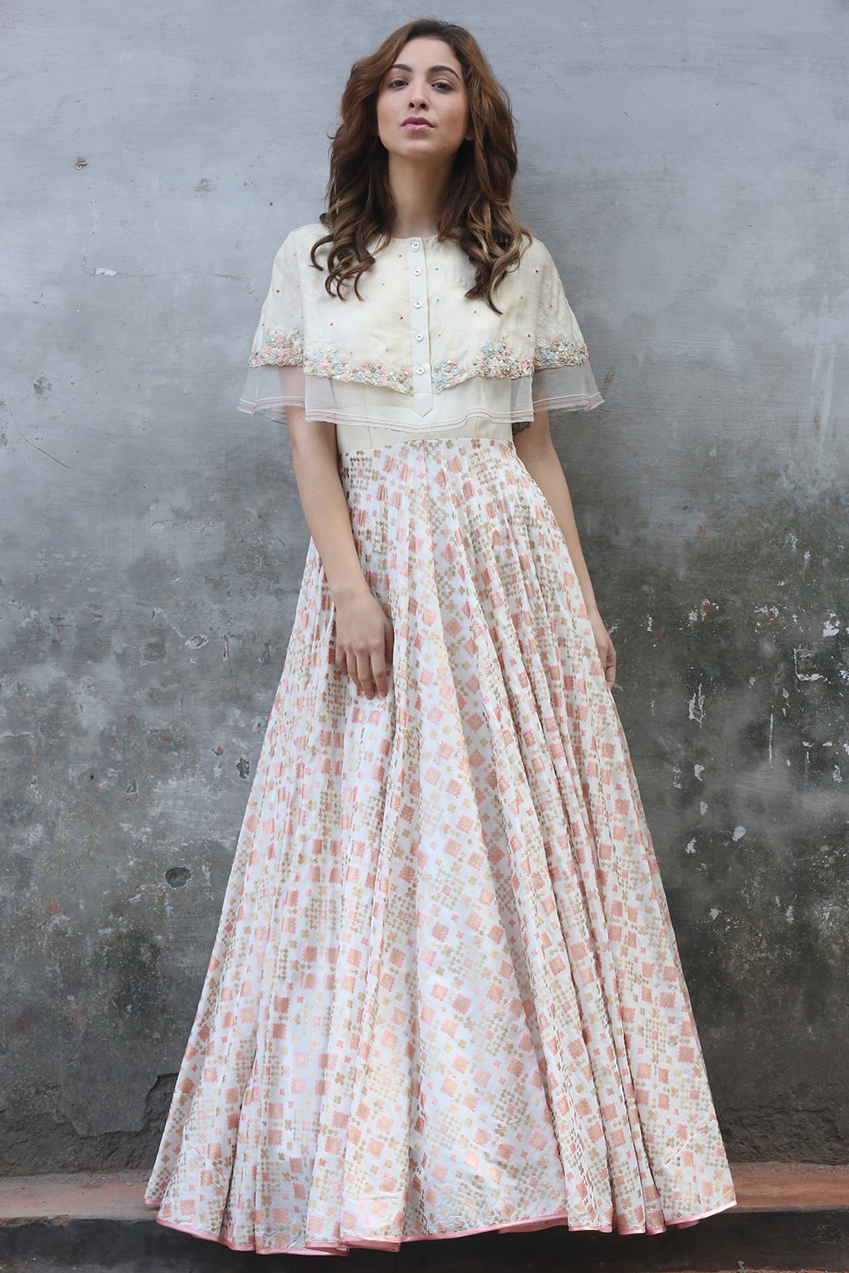 Ivory Printed & Embroidered Cape Gown by I AM DESIGN at Pernia's Pop Up  Shop 2026