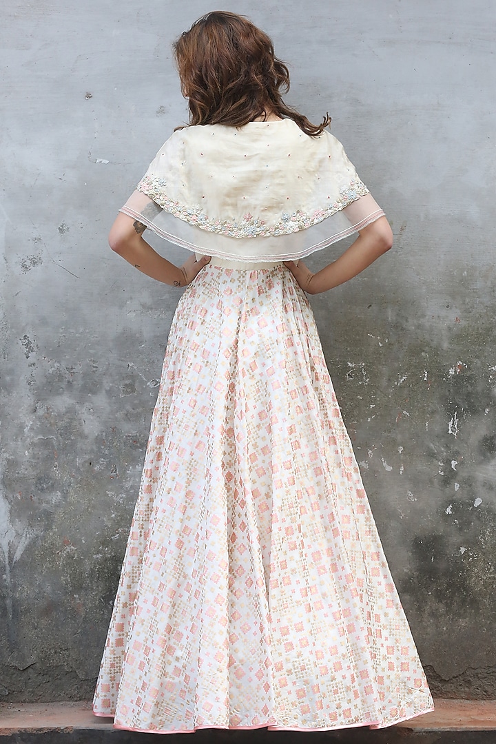 Ivory Printed & Embroidered Cape Gown by I AM DESIGN at Pernia's Pop Up Shop