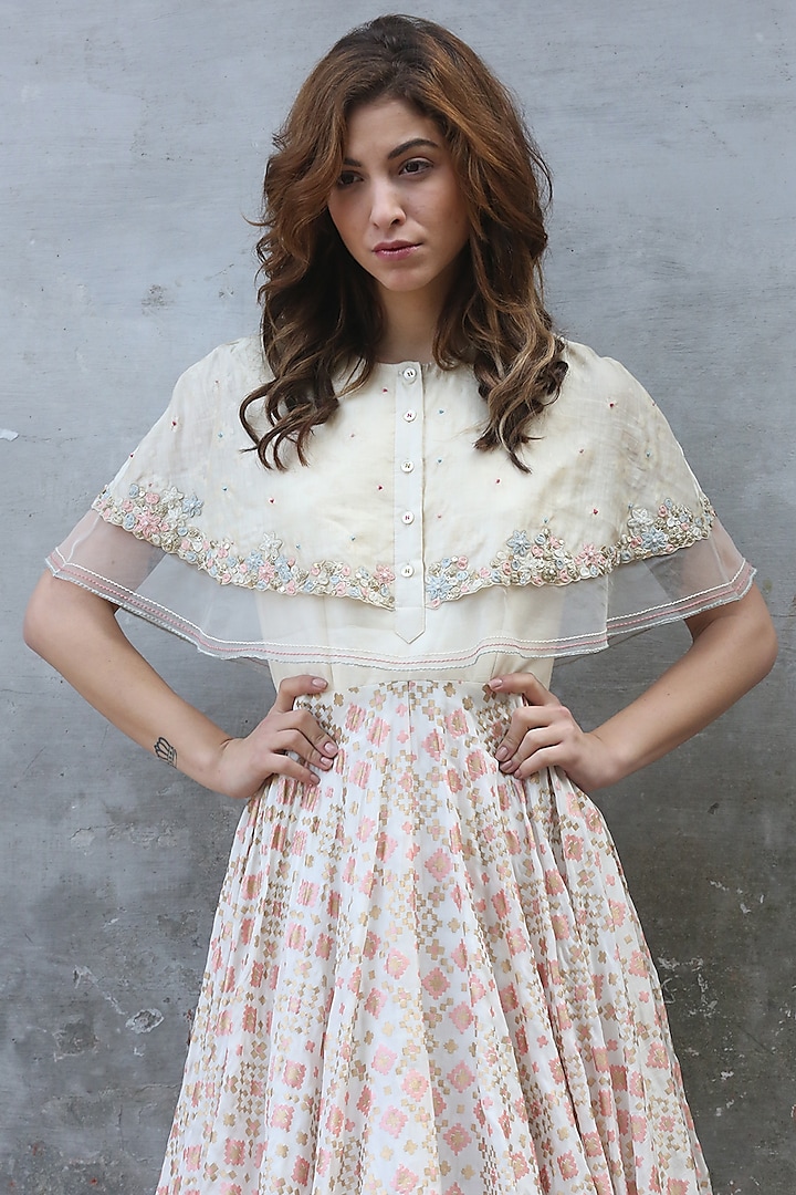 Ivory Printed & Embroidered Cape Gown by I AM DESIGN at Pernia's Pop Up Shop